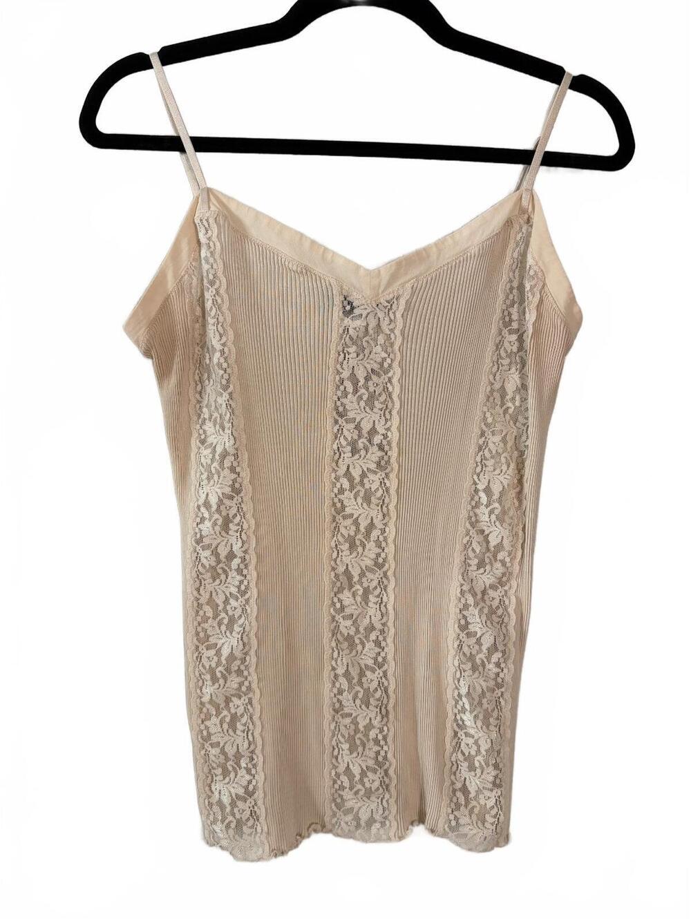 Moda International Cami Tank Top Womens L Beige Ribbed Lace Silk Trim